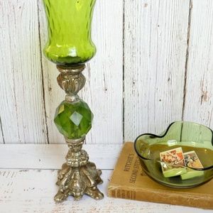 Vintage Tall Standing Votive Candle Holder w/ Metal Base Green Glass & Lucite